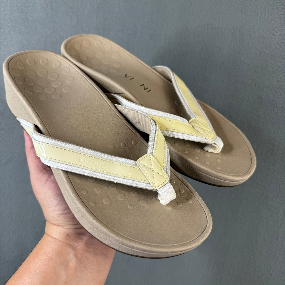 Vionic High Tide Tan Yellow Platform Flip Flop Sandals 7 TVW4895 Orthaheel